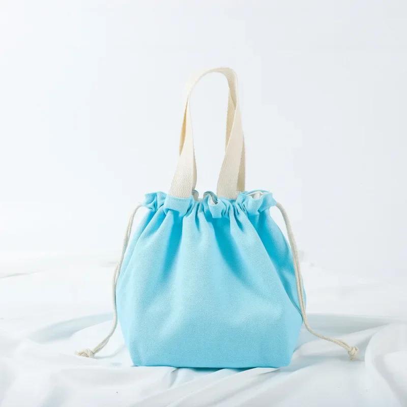 Small Fresh Drawstring Canvas Bag Hand Handbag Japanese Portable Bento Bag Large Capacity Bunched Lunch Box Bag