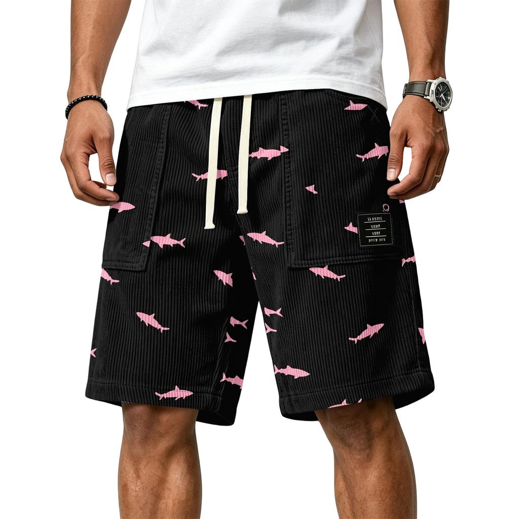 Men's Casual Corduroy Drawstring Shorts Hawaiian Style Lightweight Comfortable Relaxed Fit Summer Beachwear
