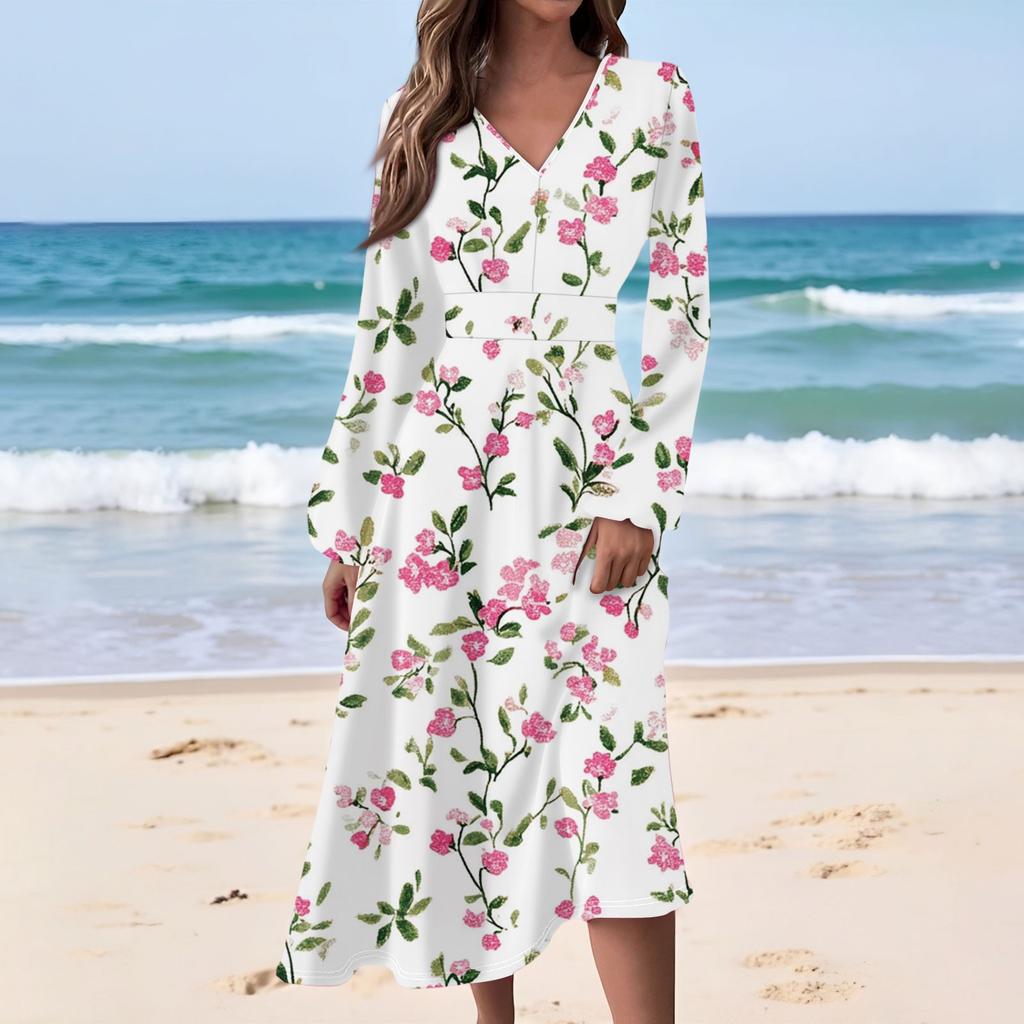 Kadın Günlük Moda Çiçek Baskılı V Yaka Uzun Kollu Belden Uzun Elbise