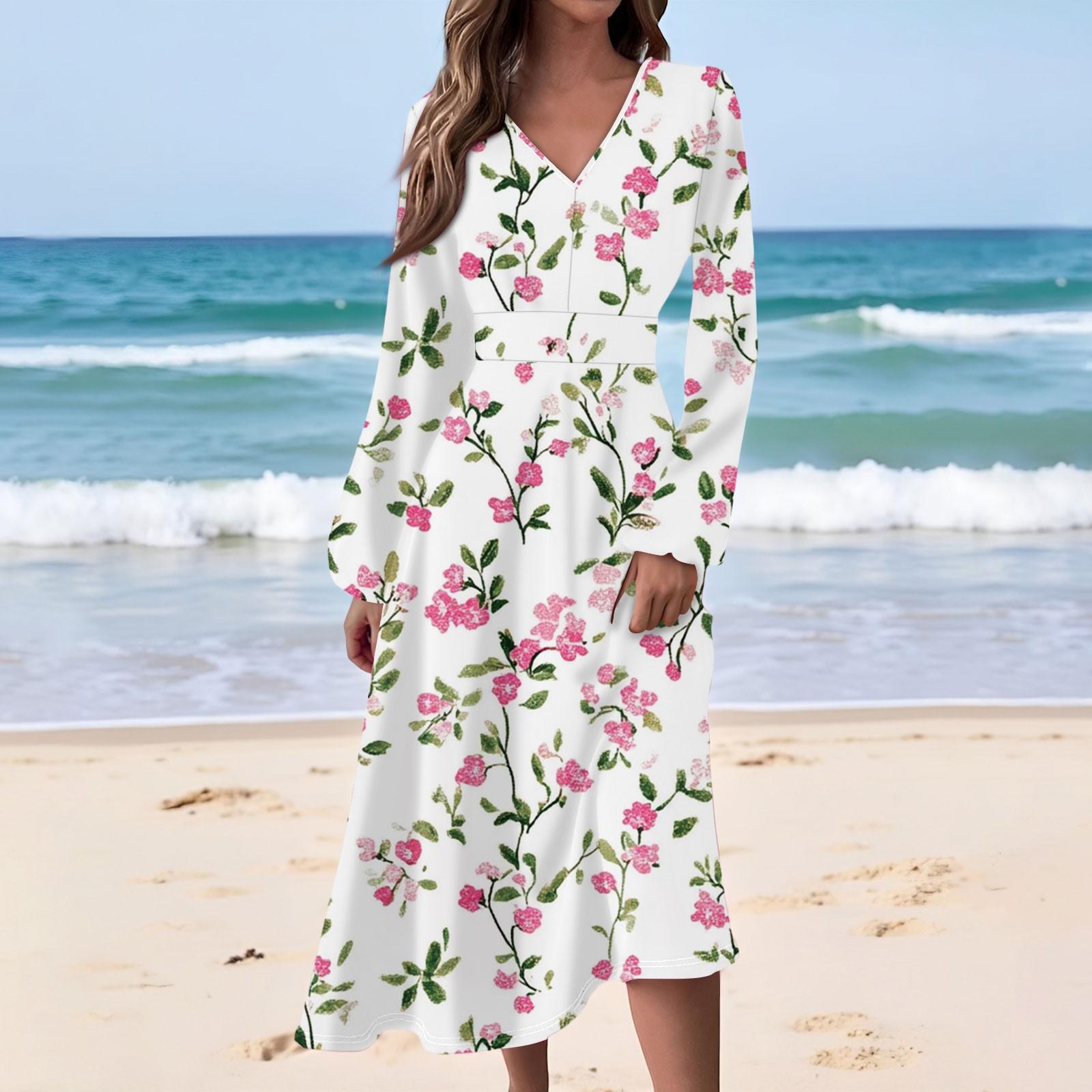 

Жіноча Повсякденна Мода Квітковий Принт V-подібний Виріз Довгий Рукав Талія Довга Сукня XL білий