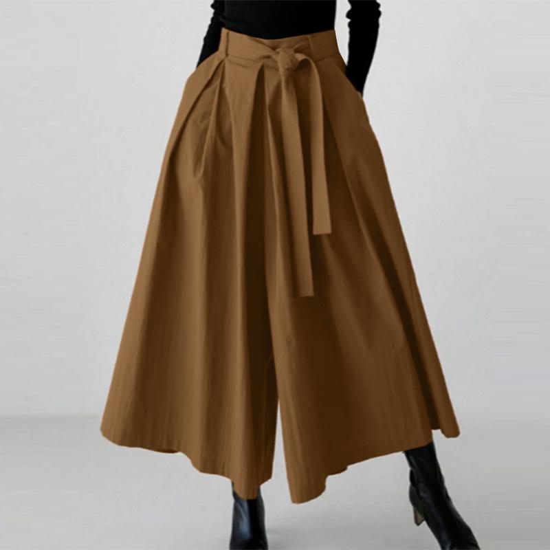 ZANZEA Women Casual Elastic Waist Solid Color Loose Wide Leg Capris Pants S коричневый