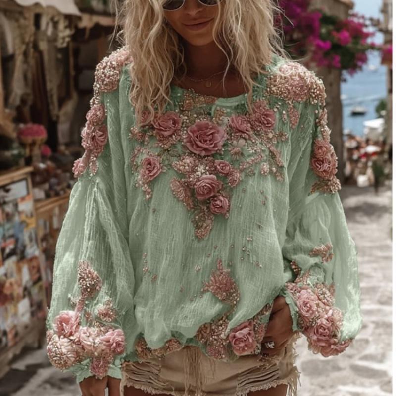 Elegant 3D Printed Long Sleeve Shirt for Women, New Loose Fit Versatile High-End Top