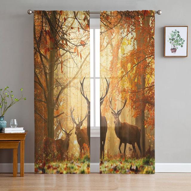 Deer Autumn Winter Forest Modern Sheer Curtains For Living Room Bedroom Tulle Curtains Window Voile Curtain Kitchen Hotel Decor