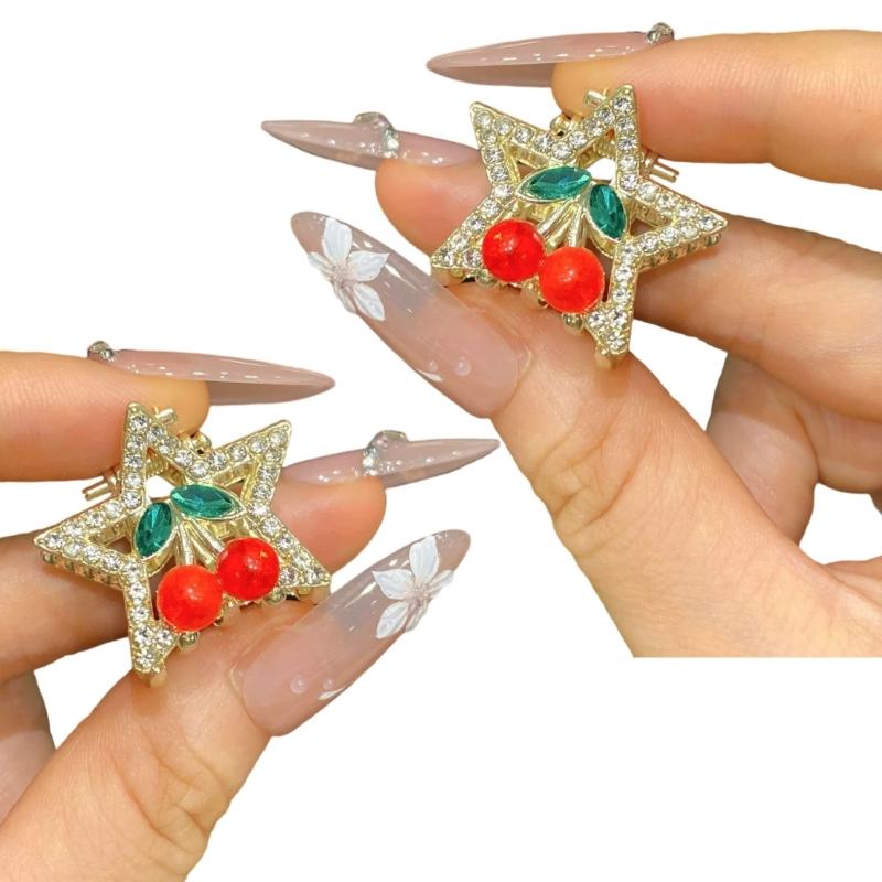 

2Pcs Cherry Hairpin Small Side Claw Clip Sparkling Rhinestones Accent Zinc Hairpin For Women Girls Party Daily Use