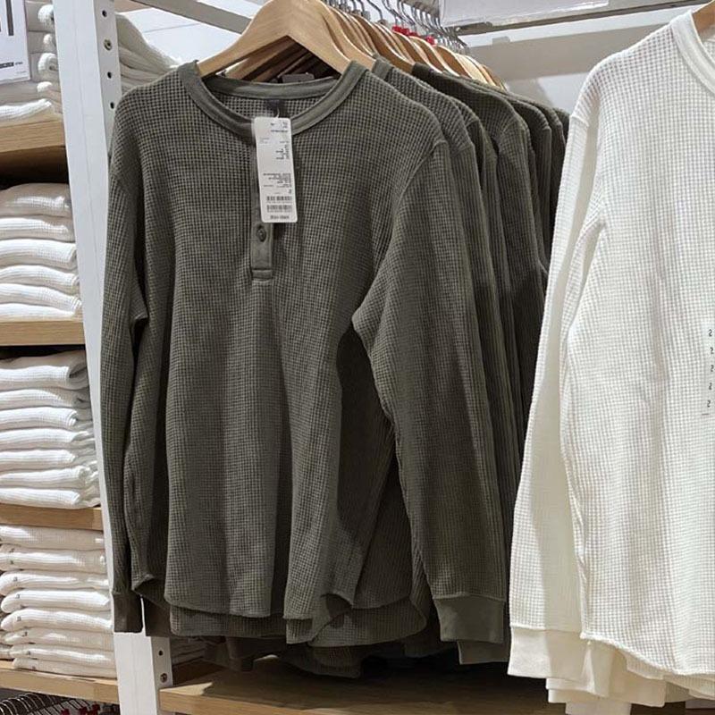 Men Women Long Sleeve Pullover T Shirt Waffle Knit Henley Neck