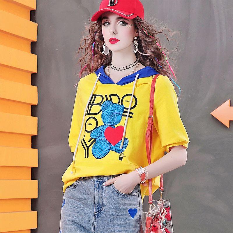 

Age-Reducing C291 Contrast Color Short Sleeve Print Fashion Tops Yellow In Stock S
