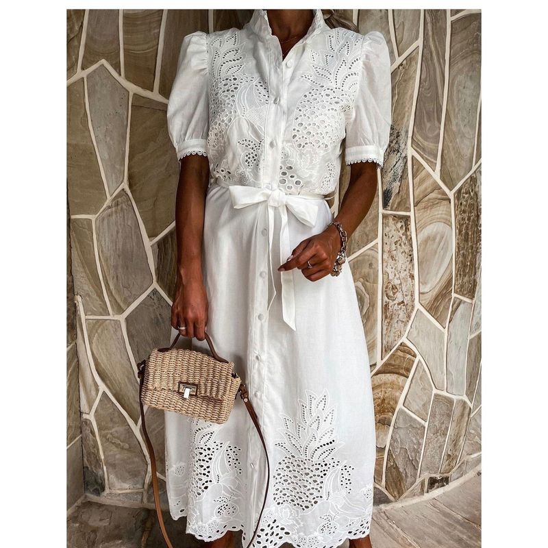 

European and American Women clothes Summer New Hollow Short sleeve Girdle Big Hemline Dress White S