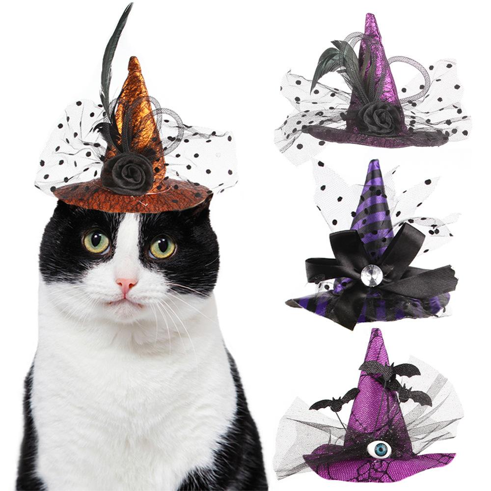 Halloween Pet Witch Hat Decoration Cat Halloween Ball Dress Up Witch Hat Pet Photo Lace Pointed Hat
