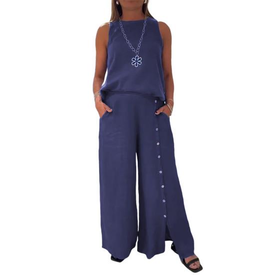 

Женский комплект из двух частей из хлопка и льна, топ без рукавов с круглым вырезом, широкие брюки с разрезом на пуговицах и карманами, повседневный комплект для отдыха S фиолетовый