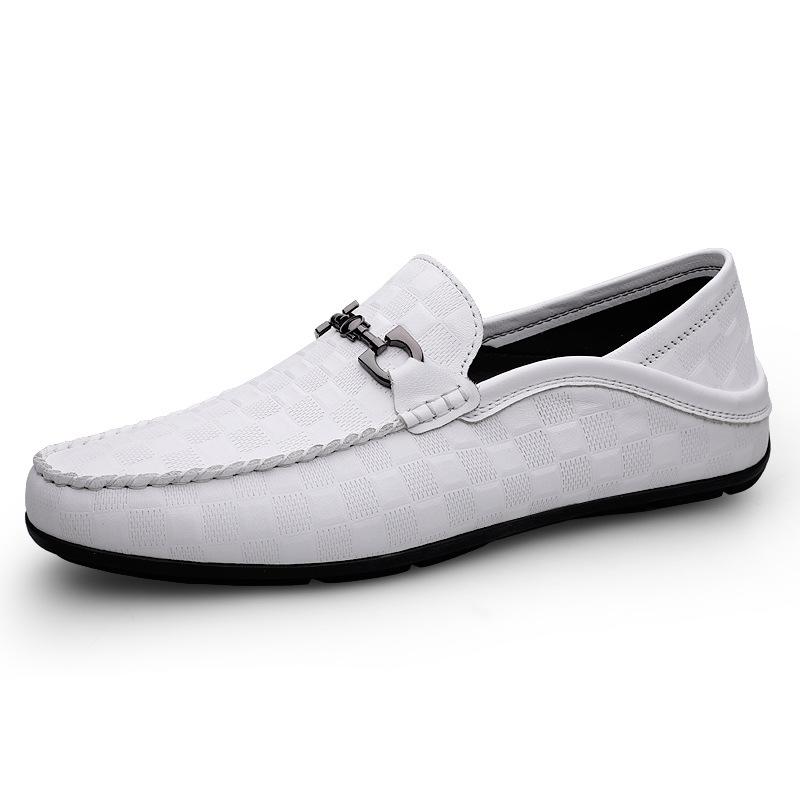 Men's shoes Doudou shoes Loafer leather shoes spring low-top foot set leather embossed first layer cowhide surface flat bottom casual shoes white