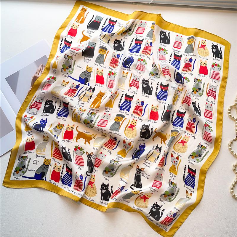 New Women's Cute Kitten Faux Silk Scarf - 70cm Square Shawl, Thin and Lightweight