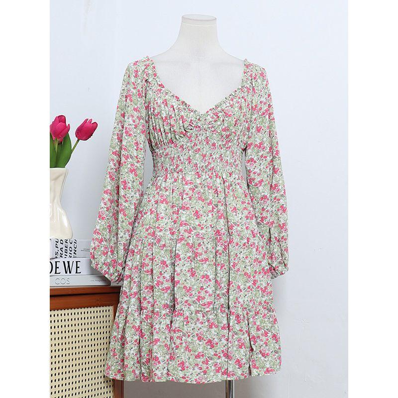 European and American Single Niche Design French Retro Oil Painting Floral V Neck Backless High Waist Slim Looking Silm Dress Female