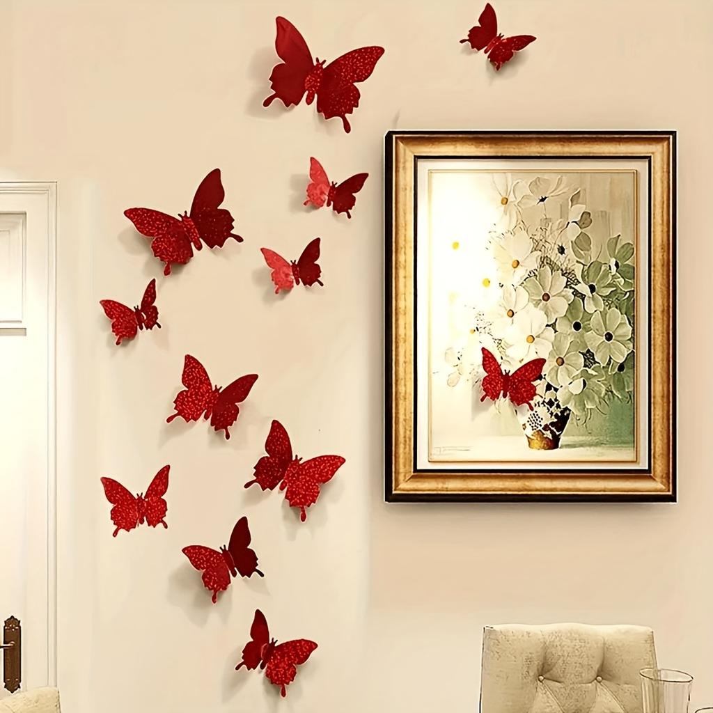 12Pcs/Set 3D Flash Color Butterfly Stickers Home Decor & DIY Wall Art for Window Wall Gold Silver Red Blue Wall Stickers
