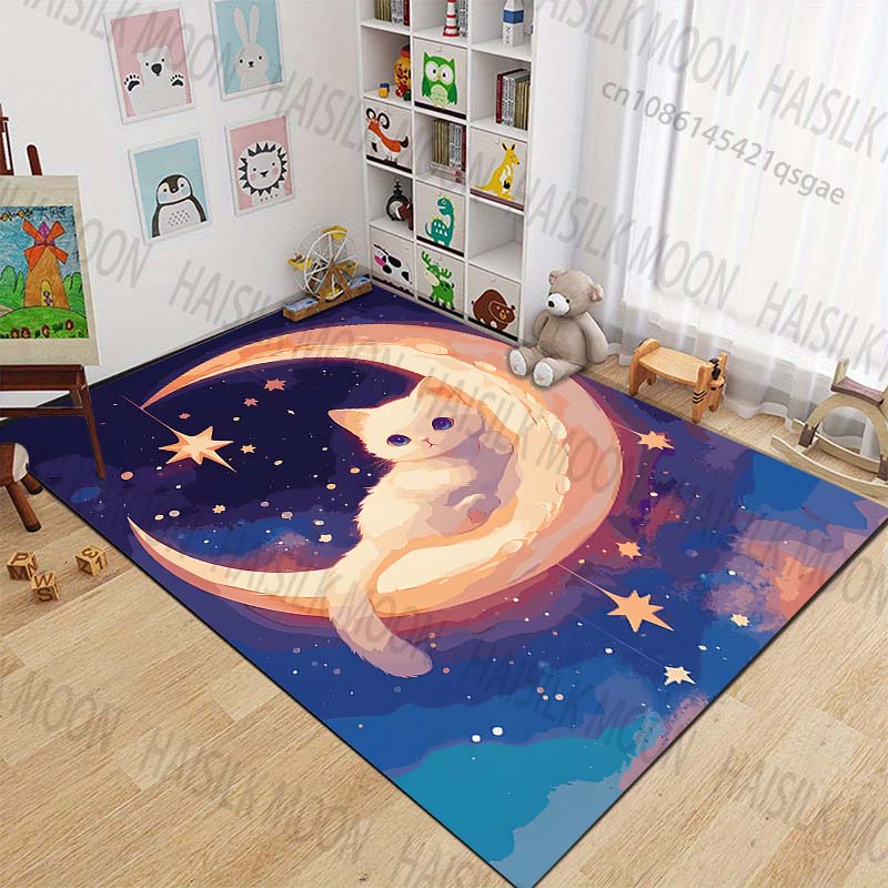 New Product White Cat On Crescent Moon Carpet for Living Room Bedroom Bedside Floor Mat Cloakroom Children Playing Mat Area Rug