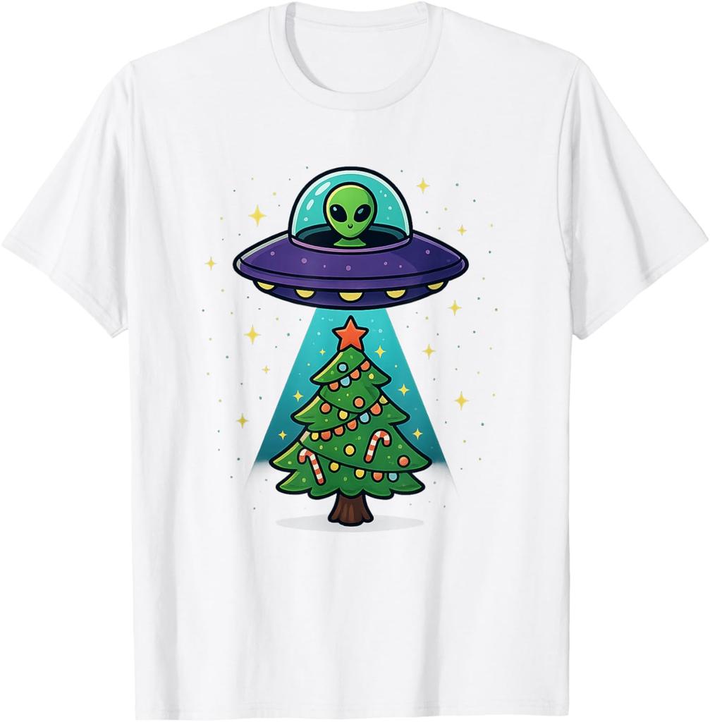 Alien UFO Abduction Christmas Tree Graphic Tee Funny Holiday Casual Cotton T-Shirt