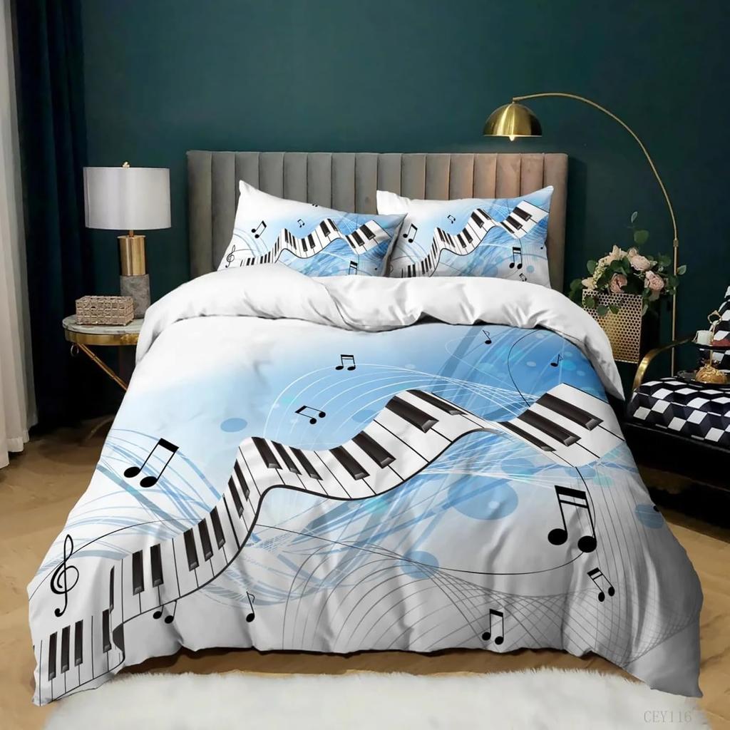 Musical Notes Duvet Cover,Piano Key Comforter Cover Twin Queen Size,Music Themed Bedding Set Melody Musical Note Bedclothes 3Pcs