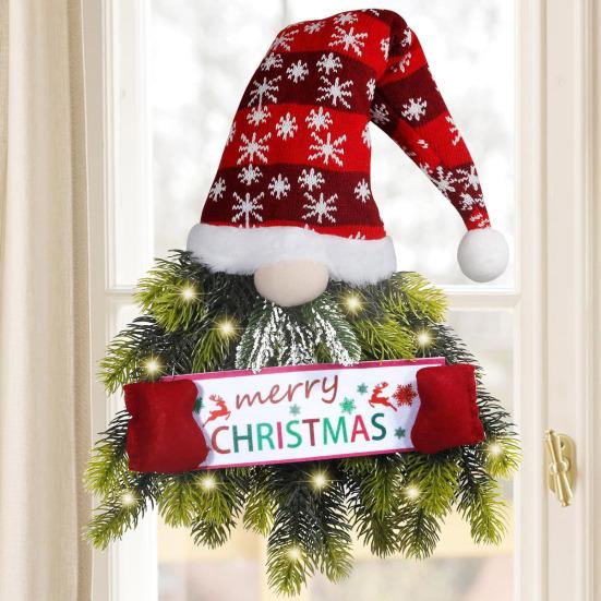 Yousheng Lighted Christmas Gnome Wreath Artificial Pine Spruce Wreath for Front Door Swedish Tomte Hanging Sign for Xmas Porch Indoor Outdoor Home