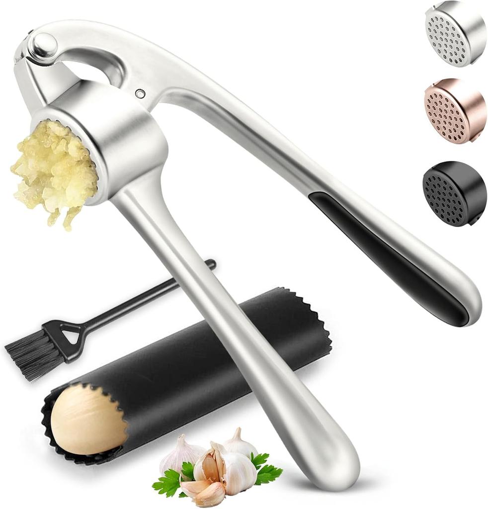 Kitchen Garlic Press Stainless Steel, Premium Rust Proof Dishwasher Safe Garlic Mincer, Durable Garlic Crusher Set with Peeler Brush, Easy To Clean