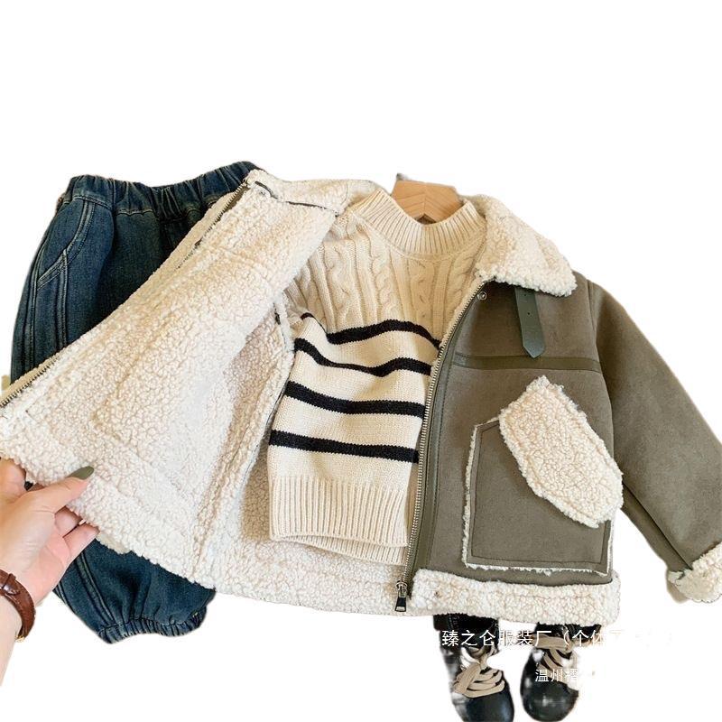 Boys' Fleece-Lined Lambswool Winter Jacket - Thickened Toddler One-Piece Fur Top