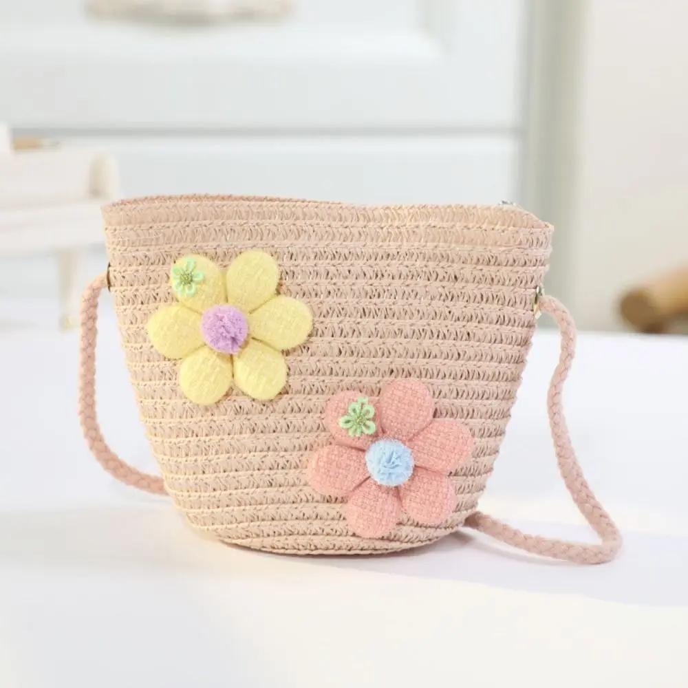Borsa in paglia con cerniera e fiore per bambina, simpatici accessori per foto, borsa a tracolla intrecciata a mano per bambini, cestino portaoggetti, portamonete, borsa a tracolla