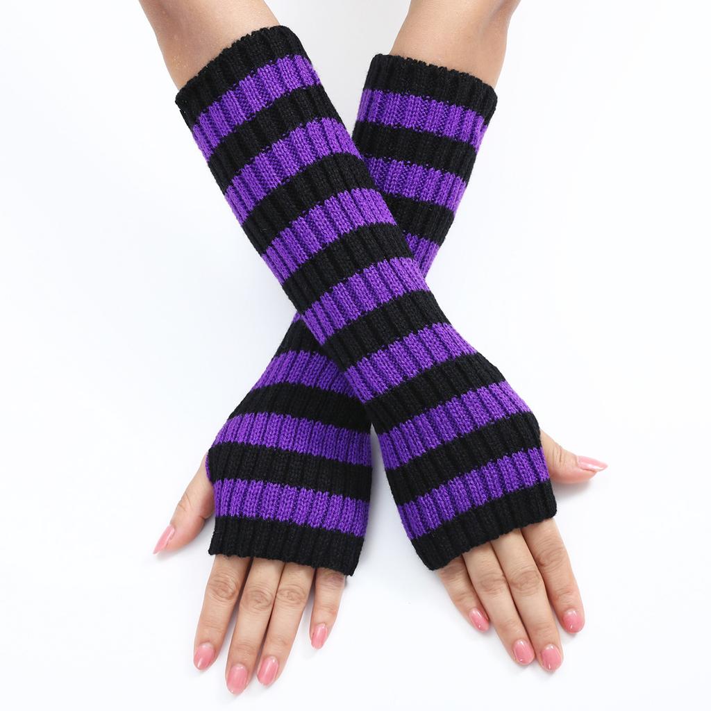 Multicolored Striped Woolen Gloves for Autumn and Winter Mid Length Fingerless Warm and Fashionable Knitted Arm Sleeves for Women