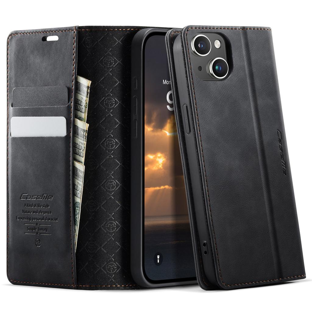 For iPhone 15 Plus Case CASEME 033 Series RFID Blocking Wallet Stand Calf Texture Leather Phone Cover