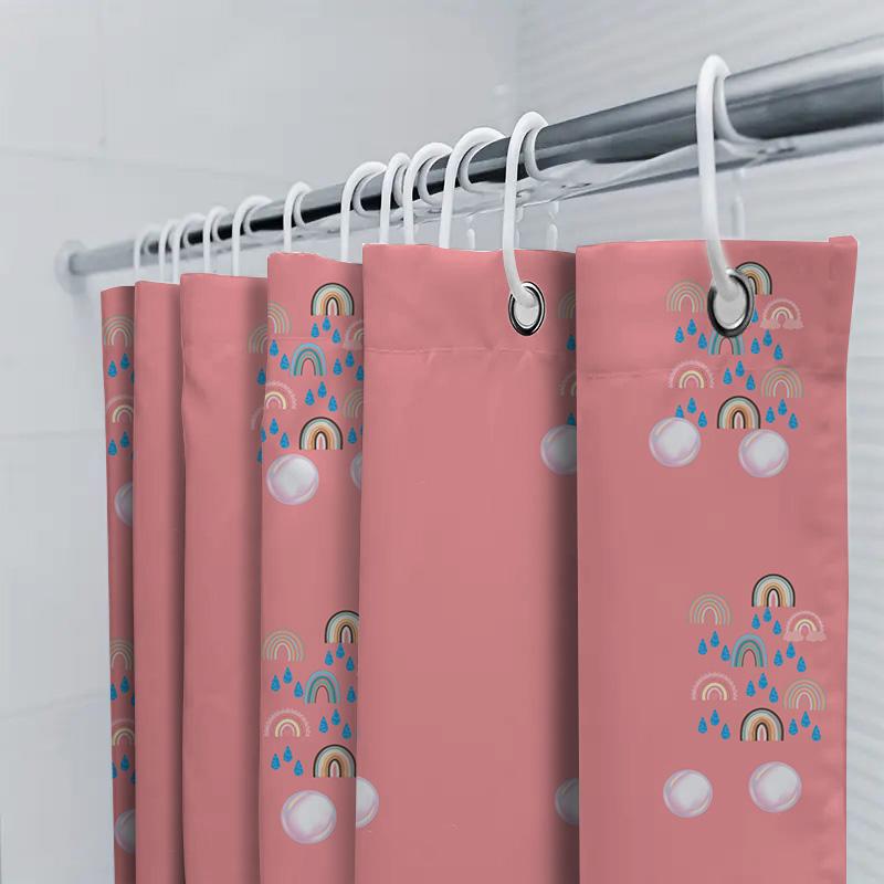 Pink Shower Curtain With Rainbow Design Bathroom Decor For Kids Adults, Waterproof Fabric, Adjustable Hook