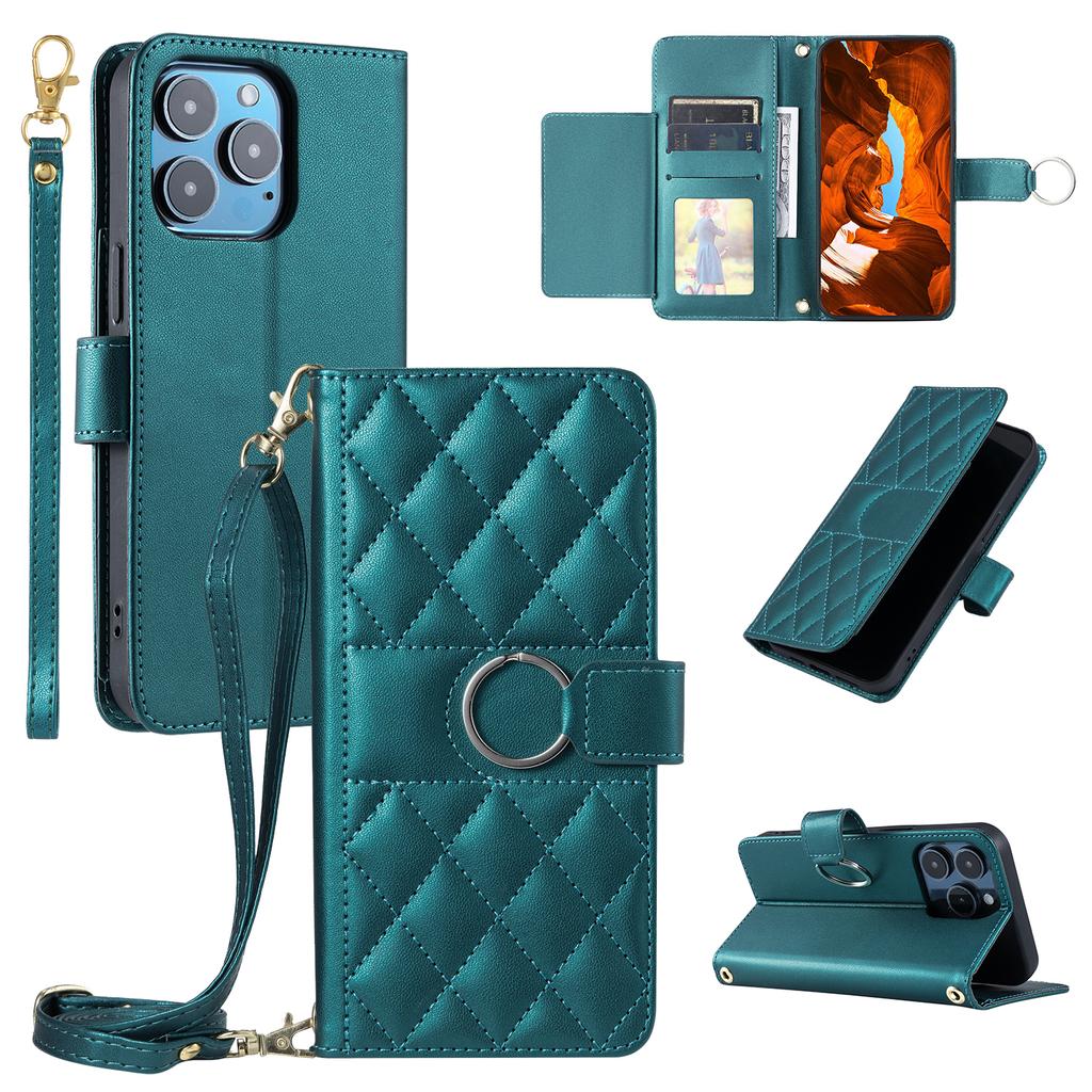 For iPhone 13 Pro Max Crossbody Leather Case Ring Buckle Wallet Stand Rhombus Mobile Cover