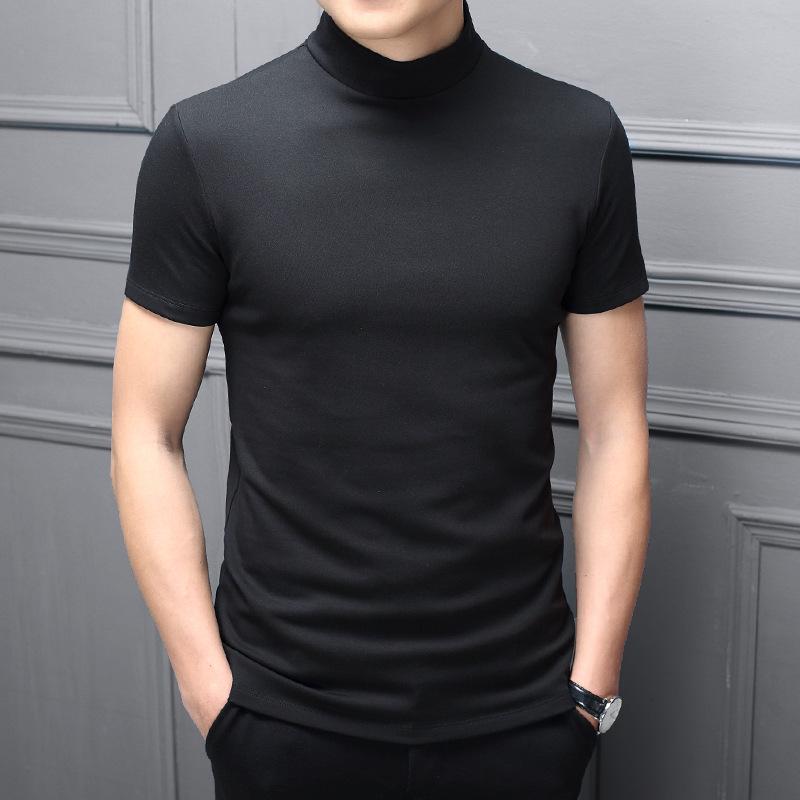 Men's Spring/Summer Milk Silk Turtleneck T-Shirt - Slim Fit, Solid Color, Short Sleeve