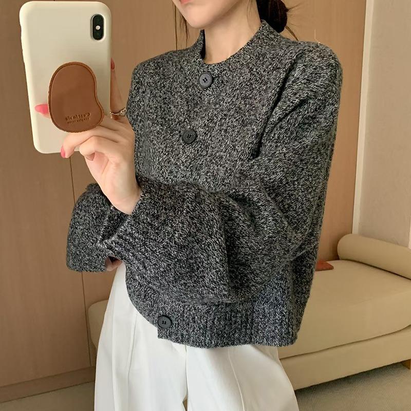 Soft ufu lazy wind round neck 0 pure wool cardigan women's high-end floral yarn thin knitted jacket top
