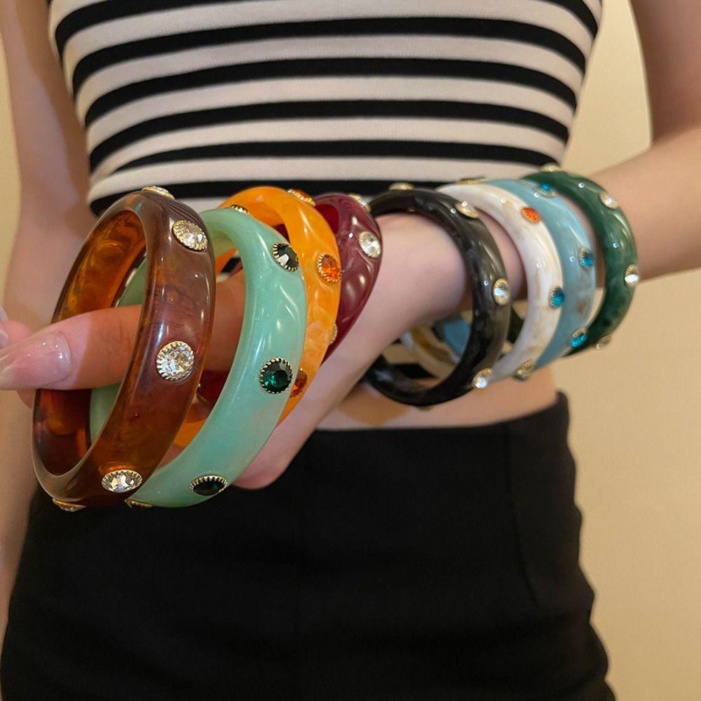 Bohemian Rhinestone Colored Bracelet Zircon Retro Hand Ring Unique Acrylic Bangle  Women