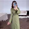 European and American Chinese Style Long sleeve dress 2025 Summer Cold Feeling Lace-up Waist Hugging V-neck Long dress