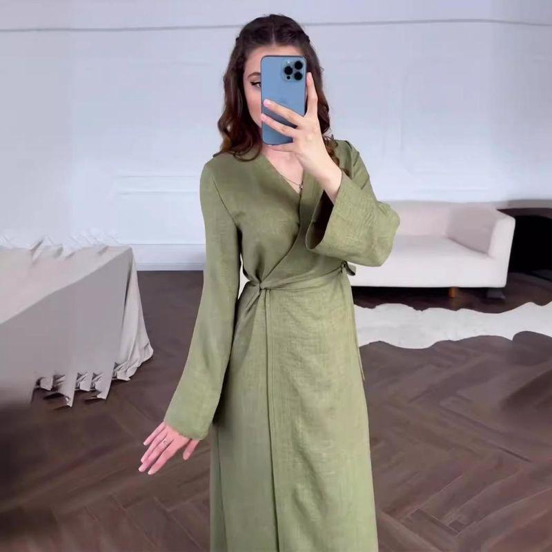 European and American Chinese Style Long sleeve dress 2025 Summer Cold Feeling Lace-up Waist Hugging V-neck Long dress