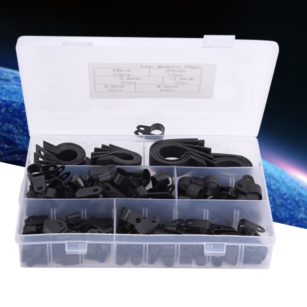 200pcs Plastic Nylon Cable Clamp R Type P Type Wire Clip Fasteners Assorted Box(Black )