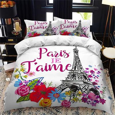 Eiffel Tower Duvet Cover Romantic Paris Bedding Set Microfiber 3D Floral Comforter Cover King Queen For Boys Girls Bedroom Decor