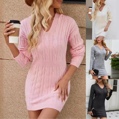  And Winter V-neck Twisted Mid-length Long-sleeved Knitted Hooded Hip Dress For Women