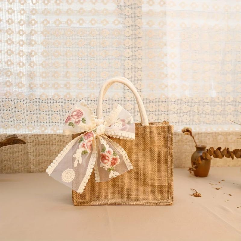 Burlap Tote Bag with Lace Ribb Reusable And Durable, Jute Gift Handbags for Wedding Bridesmaid Grocery Shopping Birthday Party