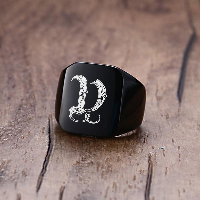 Vnox 18mm klobiger Siegelring für Männer schwarzer Edelstahl mit eingraviertem Royal Initialen-Buchstaben-Anfangsstempelring individueller Schmuck