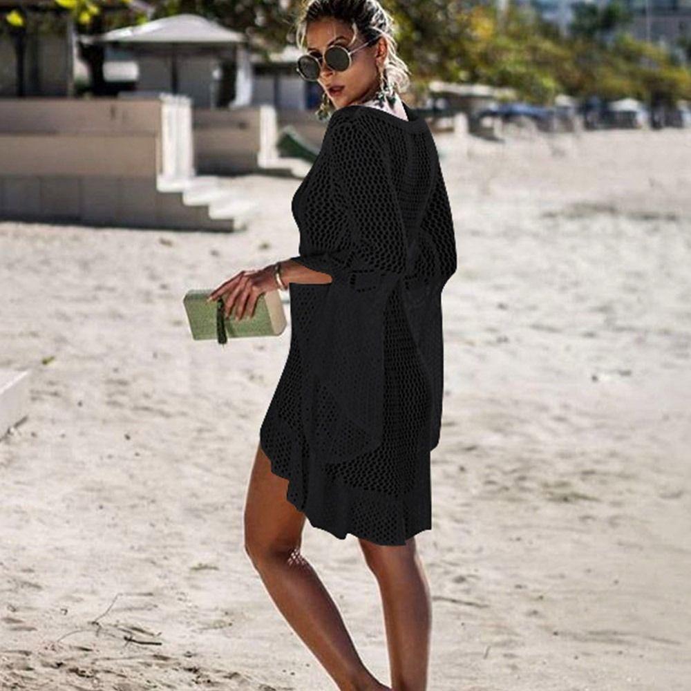 Fashion V Neck Summer Sunscreen Smock Knitted Hollow Out Swimsuit Cover Up Dress Loose Bathing Suit Swim Dress for Women