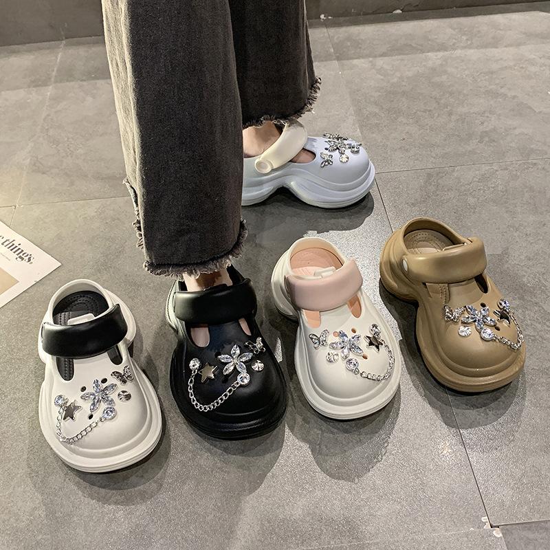 Spring and summer 2025 new rhinestone heightening hole shoes women's tide non-slip thick sole two wear bag head slippers women's shoes