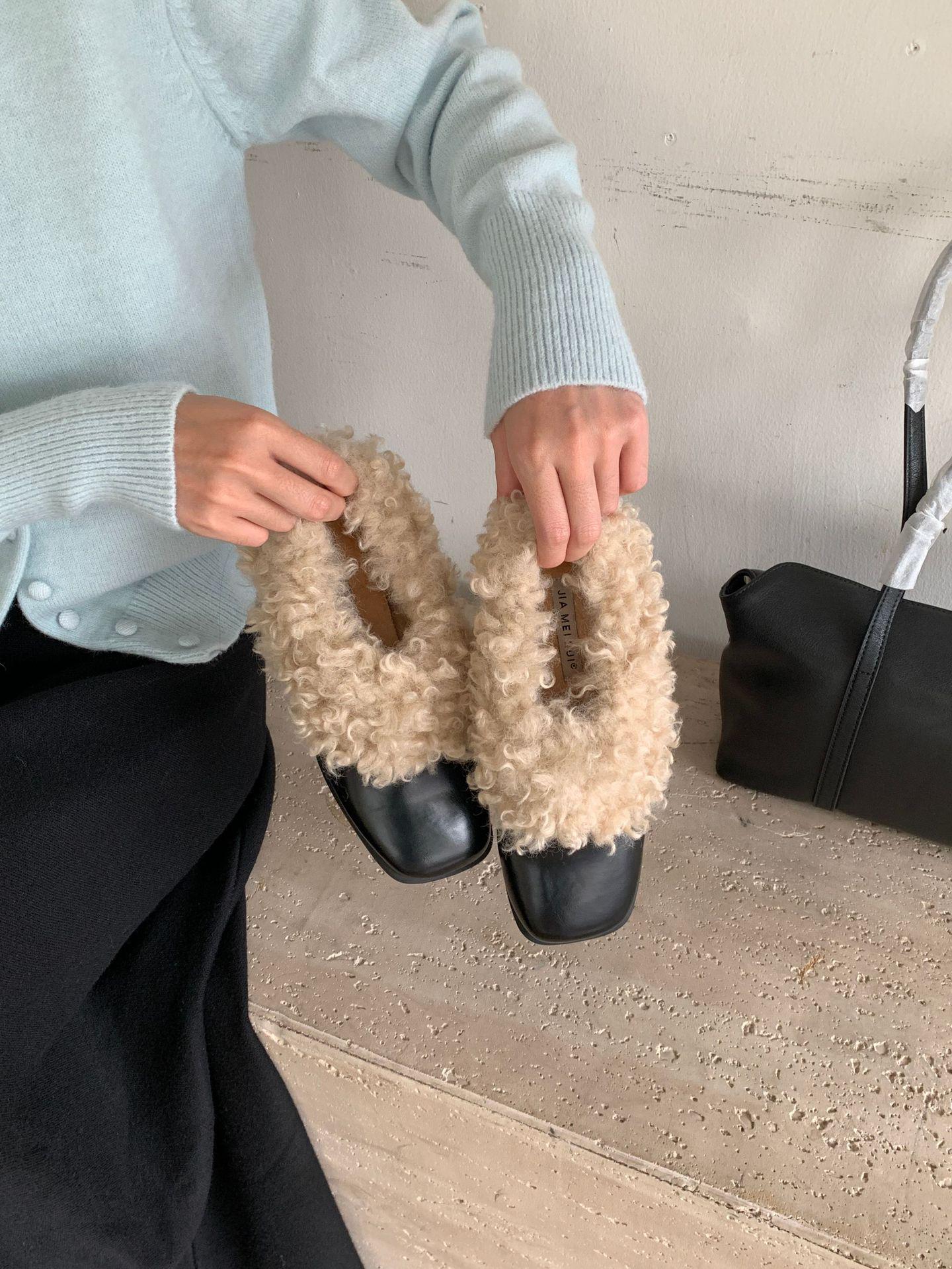 

Повседневные лоферы на массивном каблуке с мехом и квадратным носком - Новая зимняя мода, плюшевые кожаные туфли 38 чёрный