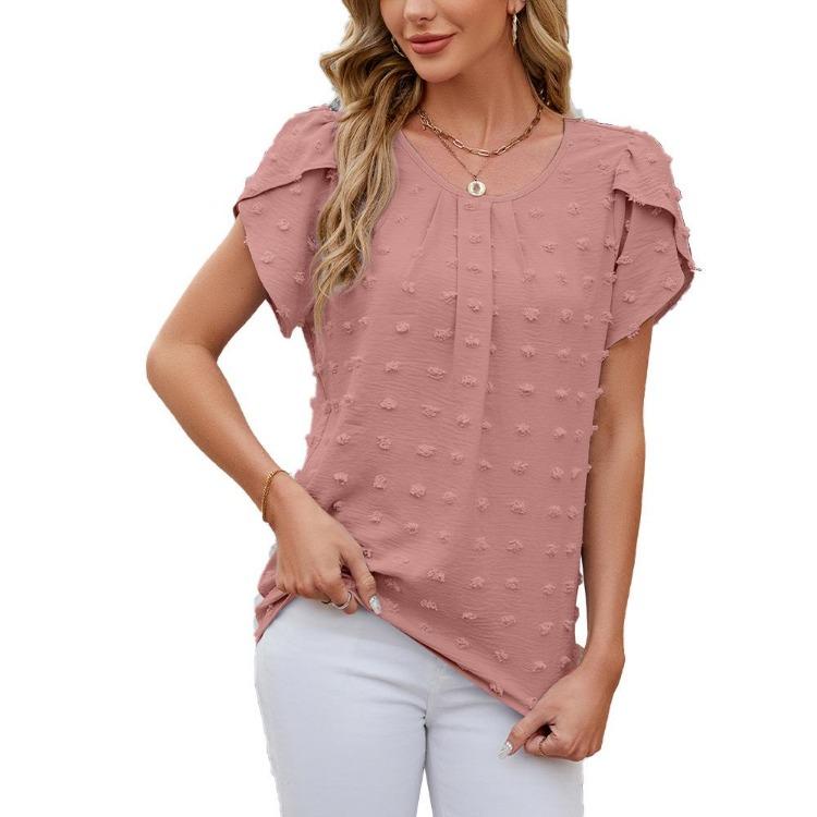 Tshirt Summer Solid Color Short Sleeve Women Round Neck Petal Sleeve Chiffon Jacquard Shirt Tops