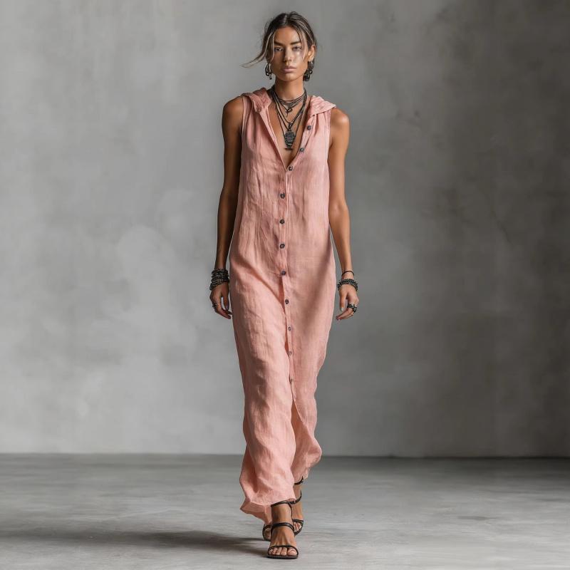 2026 New Women's Casual Loose Sleeveless Long Dress with Single-Breasted Buttons and Fashionable Hood