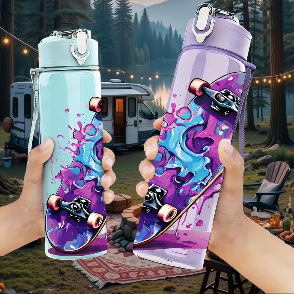 1PC Colorful Graffiti Skateboard Print 750ml Color Plastic Sports Water Bottle Leakproof Flip Straw Lid Suitable for Sports Office Home Use