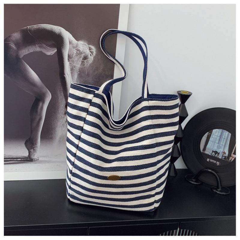 Striped canvas bag lazy wind large capacity tote bag new dual-purpose shoulder bag casual versatile bucket bag