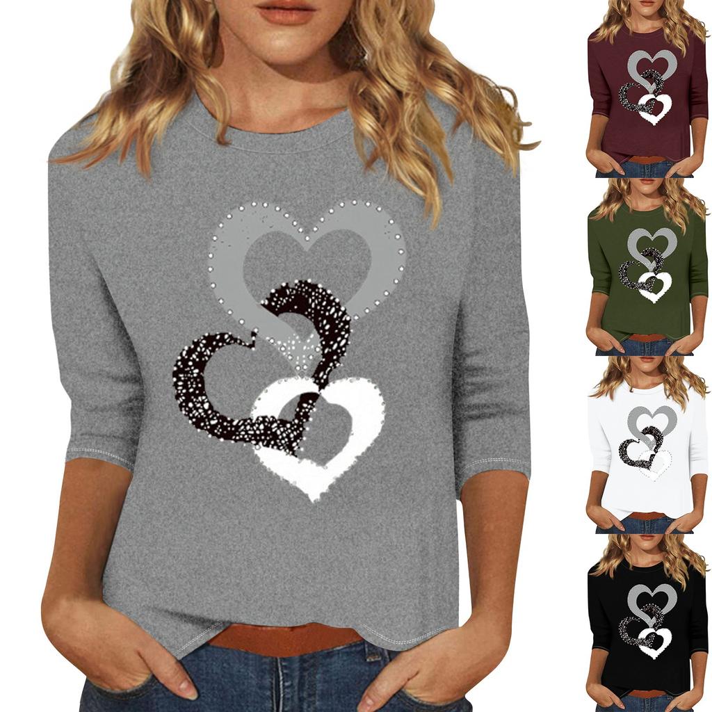 Women's Fashion Casual Round Neck 3/4 Sleeve Loose  Printed T-Shirt Ladies Top
