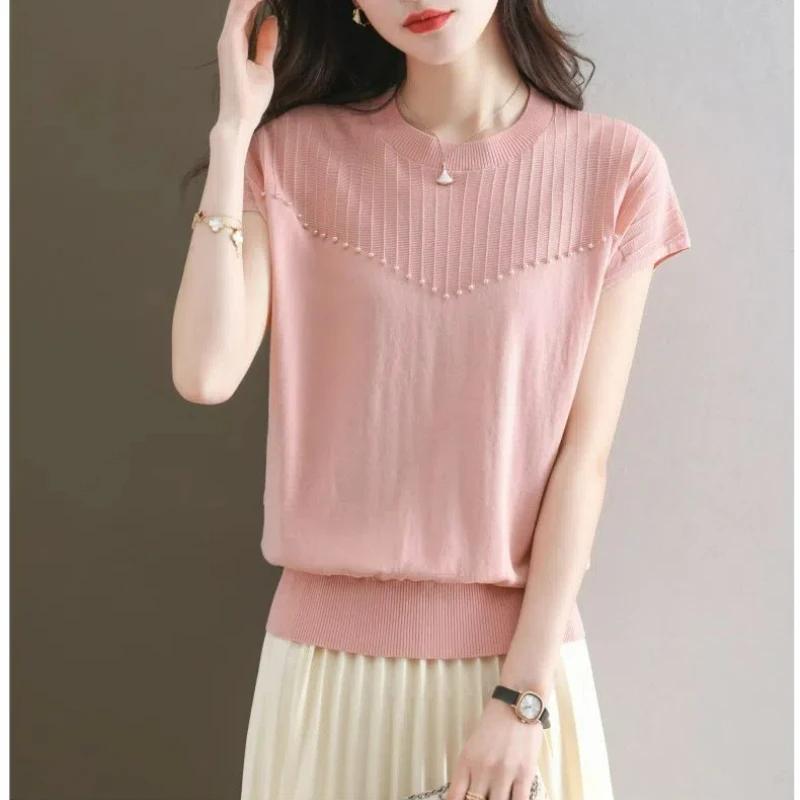 

Korean Fashion Summer Round Neck Short Sleeve T-shirt Women s Solid Patchwork Screw Thread Loose Versatile Top S