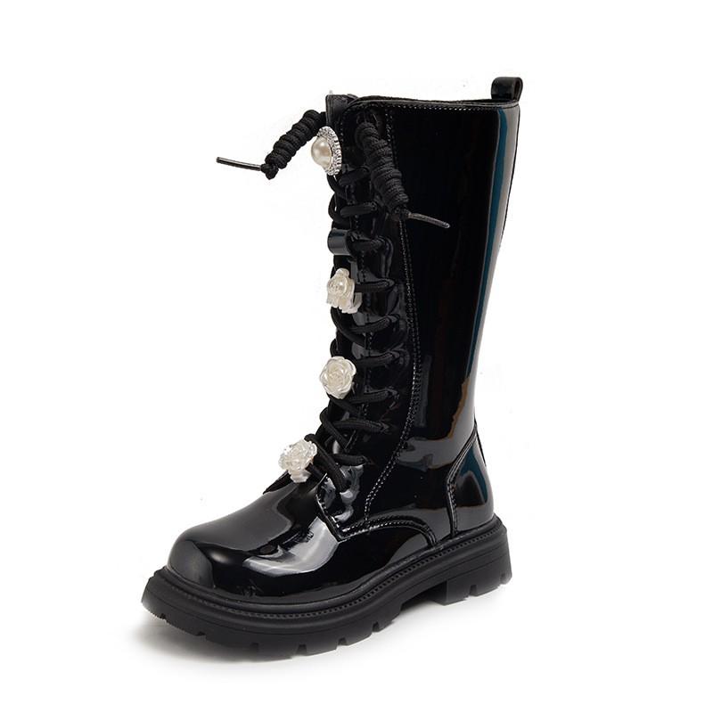 Girls Winter Warm High Calf Boots With Floral Embroidery Side Zipper Princess Style Synthetic Leather Rubber Sole