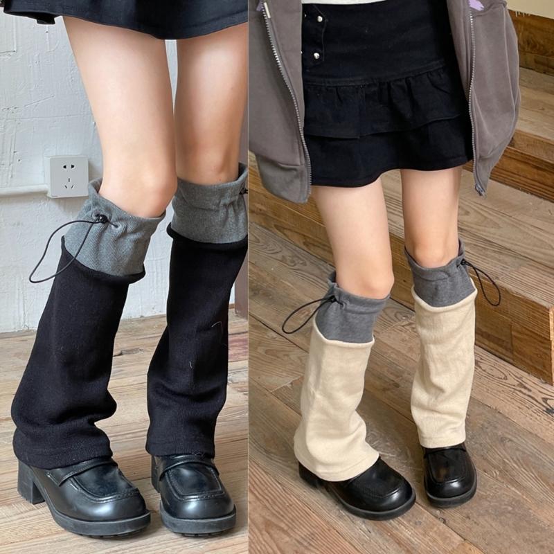 Winter Autumn Knitted Drawstring Leg Warmer Gothic Colorblock Foot Covers Flared Hem Loose Knee High Socks for Women