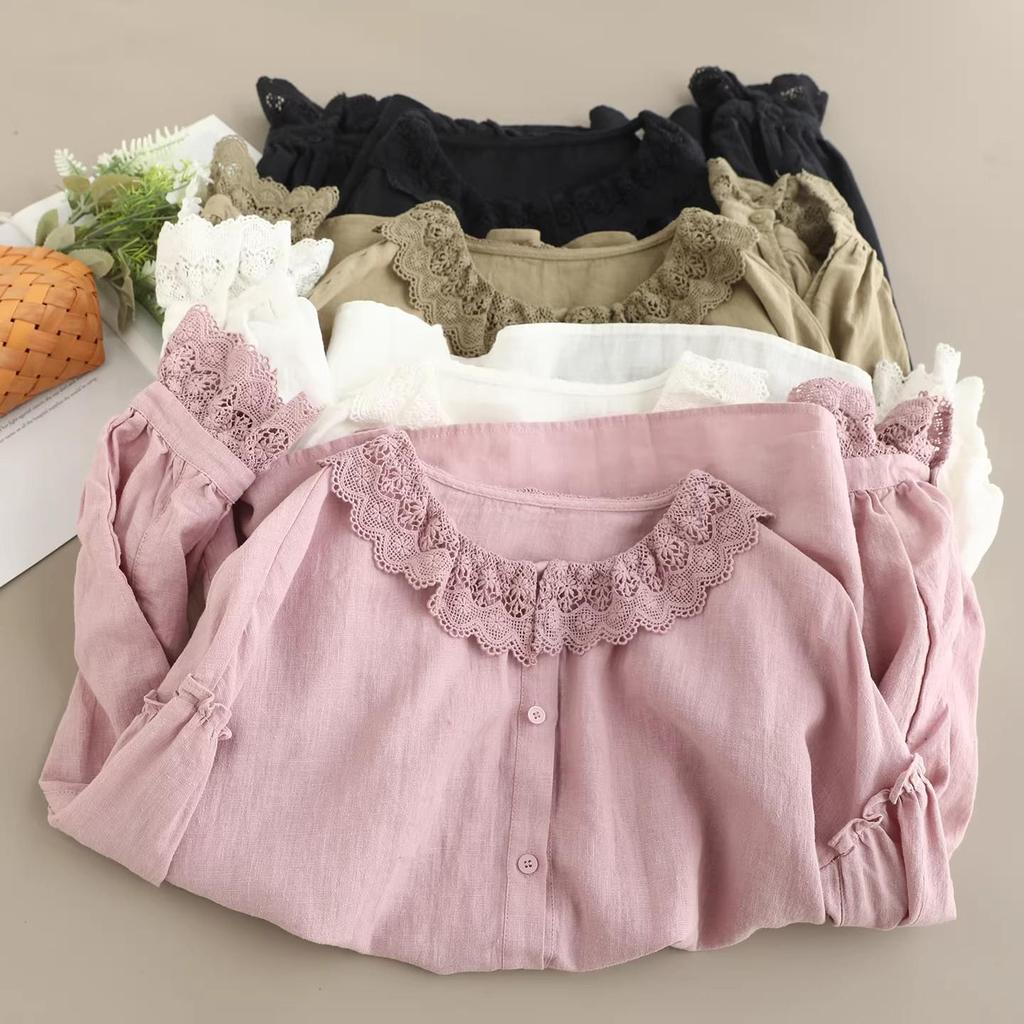 French Lace Patchwork Long Sleeve Doll Collar Linen Shirt